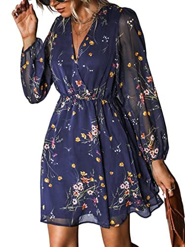 CUPSHE Women's Floral Print Sheer Chiffon A-Line Mini Dress Long Peasant Sleeves Elastic Autumn Dress,XL - Image 1