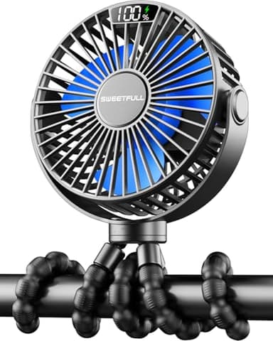 SWEETFULL Portable Stroller Fan with Display 4000mAh Battery Powered Mini Clip On Fan, 4-Speed Rechargeable Small Personal Cooling for Baby Car Seat Crib Travel - Black - Image 1