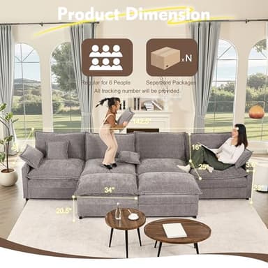 GOSUHI 142.5" U Shaped Couch, Modular Sectional Sofa, 3-Seater Comfy Cloud Couch with Movable Ottoman, Deep Seat Couches for Living Room, Chenille, Slate - Image 2