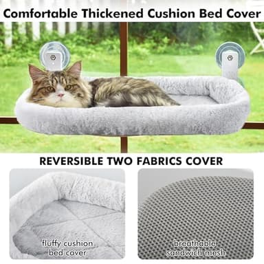 AMOSIJOY Cordless Cat Window Perch, Cat Hammock for Wall with 4 Strong Suction Cups, Solid Metal Frame and Two Replaceable Covers, Foldable Cat Beds for Indoor Cats (Large-Cushion Bed-Gray) - Image 5