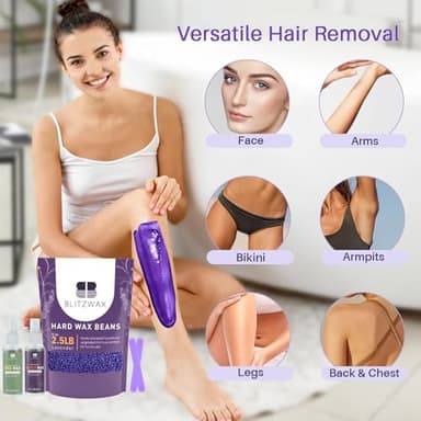 BLITZWAX 2.5lbs Hard Wax Beads for Hair Removal Lavender Waxing Beans for Sensitive Skin, Face, Eyebrows, Brazilian, Legs and Bikini - with 2 Silicone Sticks and 2 Wax Oils for Home and Salon Use - Image 4
