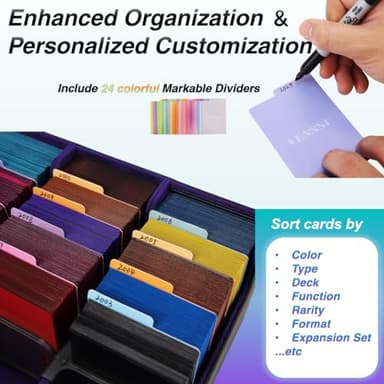 Venssu 5 Row Trading Card Storage Box With Dual-Function Playmat Lids, 3800+ Mtg Deck Box With 24 Colorful Divider Tabs, Compatible with Magic Cards (Black and Purple) - Image 5