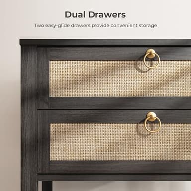 SICOTAS Night Stand Set of 2, Large Nightstand with Drawers and Storage Shelf - Rattan Boho Bedside Table Narrow Side Table for Bedroom, Small Space - Image 4