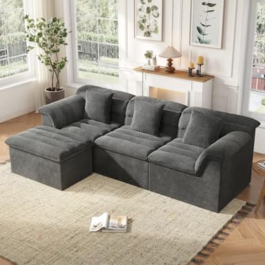 SUNG7 112" Modular Cloud Sectional Couch with Ottoman, Modern Upholstered Compressed Sofa with Deep Seat, Comfy L-Shape Corduroy Couches for Living Room, No Assembly Required, Dark Gray - Image 9