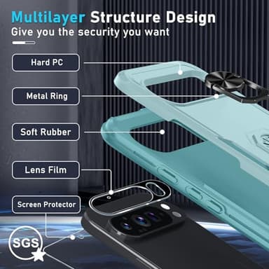 Janmitta for Google Pixel 9/9 Pro Case with Screen Protector+Camera Lens Protector,Heavy Duty Shockproof Full Body Phone Cover Built in Metal Ring Holder Kickstand,2024 Mint Green - Image 3