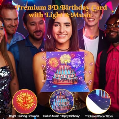 Omgpeike Musical Birthday Card, Pop up 3D LIGHTS & SOUND Firework Happy Birthday (Purple) - Image 3