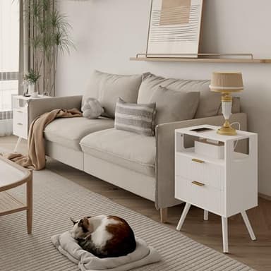 JOONEE White Nightstand with Charging Station and LED Lights,Modern Bedside Table with 2 Storage Drawer and Open Wood Shelf, for Bedroom and Small Spaces,Night Stand with Solid Wood Legs,White - Image 3