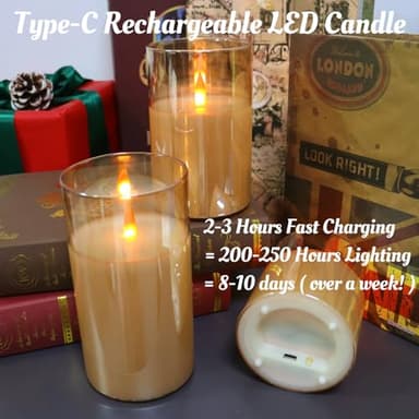 200 Hours Rechargeable Flickering Flameless Candles, Rechargeable Battery LED Glass Pillar Candle with Remote and Timer, Real Wax Warm Color for Halloween Christmas Wedding Home Party Decor - Image 2
