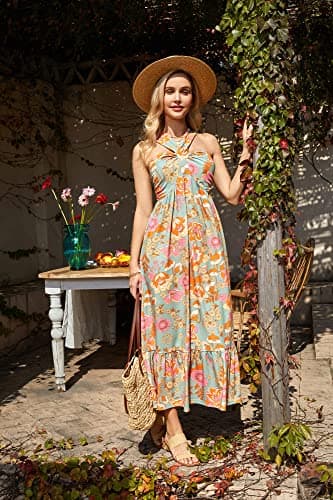2024 Women Sleeveless Criss Cross Halterneck Floral Print Beach Maxi Dress for Summer Greygreen M - Image 5