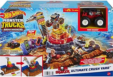 Hot Wheels Monster Trucks Playset & Toy Truck, Arena Smashers Bone Shaker Ultimate Crush Yard, Exclusive 1:64 Scale Bone Shaker & 3 Crushable Cars - Image 6