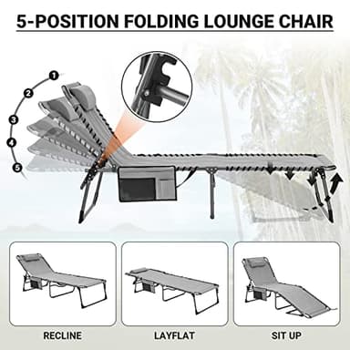 KingCamp Oversize Lounge Chair Outdoor Set of 2, Extra Large Padded Folding 5 Positions Tanning Chairs with Pillow for Outside Sunbathing Beach Patio Pool Camping (Grey) - Image 3
