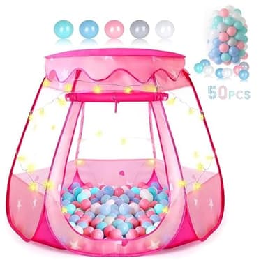 Baby Ball Pit for Toddler with 50 Balls, Pop Up Princess Tent with Star Lights for 1 2 3 Year Old Birthday Gift, 12-18 Months Baby Girl Toys with Carrying Bag, Indoor&Outdoor Play Tent for Kids - Image 1