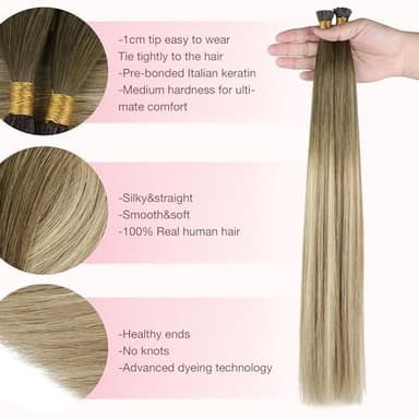 GOO GOO I Tip Hair Extensions - Real Human Hair, 18inch 100g 100S, Cold Fusion I Tip, Invisible Remy, 3/8/613 Balayage Walnut Brown to Ash Brown and Bleach Blonde - Image 2