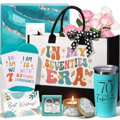70th Birthday Gifts for Women, Unique 1955 Birthday Gifts for 70 Year Old Women Birthday Gifts Basket, Fabulous 70th Happy Birthday Gift Idea for Mom Lady Sister Friend Wife Grandma w/Canvas Tote Bag - Image 1