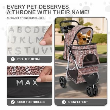 MoNiBloom 3 Wheels Pet Dog Cat Stroller for Small Medium Dogs Cats, Lightweight Foldable Jogger Stroller w/Storage Basket & Cup Holder, Leopard Print - Image 9