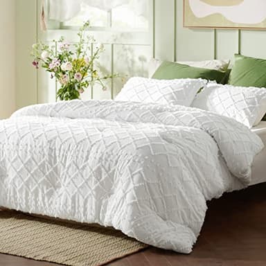 Bedsure Queen Comforter Set - White Comforter, Boho Tufted Shabby Chic Bedding Comforter Set for Kids, 3 Pieces Vintage Farmhouse Bed Set for All Seasons, Fluffy Soft Bedding Set with 2 Pillow Shams - Image 2