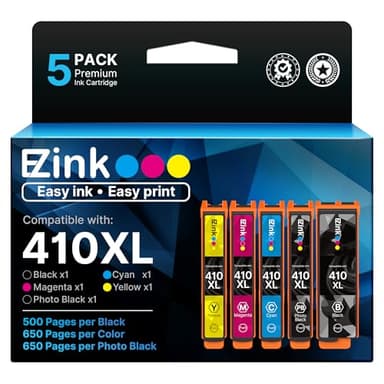 E-Z Ink 410 Ink Cartridges Remanufactured for Epson 410 410XL Printer Ink Cartridges 5 Pack Work with Expression XP-7100 XP-640 XP-830 XP-530 XP-630 XP-635 (Black, Cyan, Magenta, Yellow, Photo Black) - Image 1
