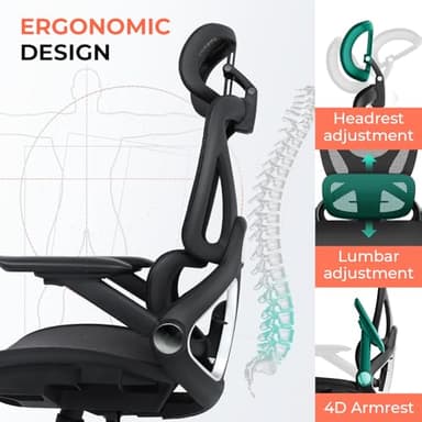 CAPOT Ergonomic Mesh Office Chair, Adjustable Lumbar High Back Desk Chair 400lbs, 4D Flip-up Arms, 3-Level Tilt Backrest, 3D Headrest, PU Wheels, Swivel Rolling Computer Seating for Long Desk Work - Image 8