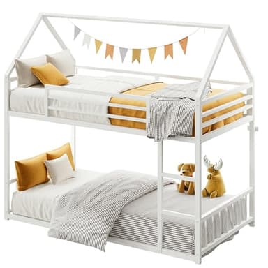 LIKIMIO Bunk Bed Twin Over Twin, House Bunk Bed Frame with Ladder and Guardrail, House Shaped with Metal Slats for Dormitory and Bedroom, Space Saving, No Box Spring Needed, White - Image 3