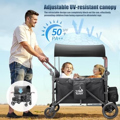 Rovique 4 Seater Wagon Stroller – Deluxe Quad Wagon for 4 Kids with Snack Trays,All-Terrain Wheels,Push Handle, Canopy,Aluminum Frame – Gift for Baby Showers,New Parents,Birthdays - Image 6
