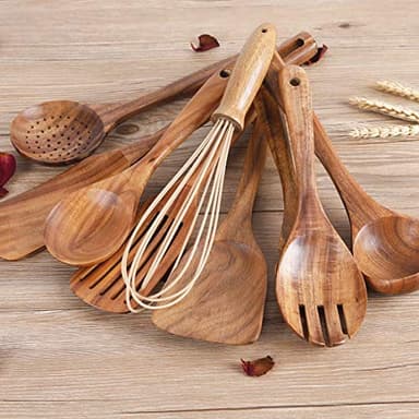 Kitchen Utenails Set with Holder,Kitchen Wooden Utensils for Cooking, Wood Utensil Natural Teak Wood Spoons for Cooking,Wooden Kitchen Utensil Set With Spatula and Ladle (11) - Image 6