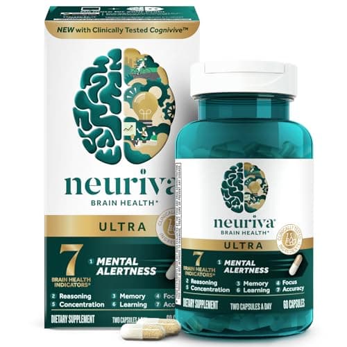 NEURIVA Ultra Decaffeinated Clinically Tested Nootropic Brain Supplement for Mental Alertness, Memory, Focus & Concentration, Cognivive, Neurofactor, Phosphatidylserine, Vitamins B6 B12, 60 Capsules - Image 1