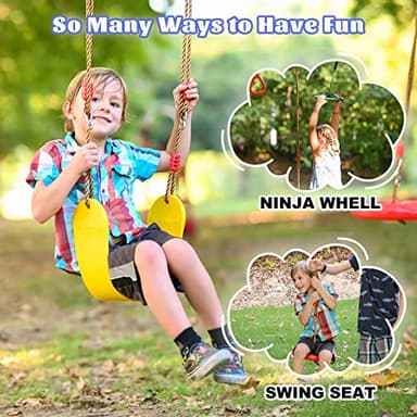 2x65 FT Ninja Warrior Obstacle Course for Kids with 13 Ninja Accessories - 600lbs Weight Capacity, Slackline with Swing Seat, Disc Swing, Ninja Wheel, Rope Ladder, Monkey Bar, Ninja Ring, Arm Trainer - Image 7