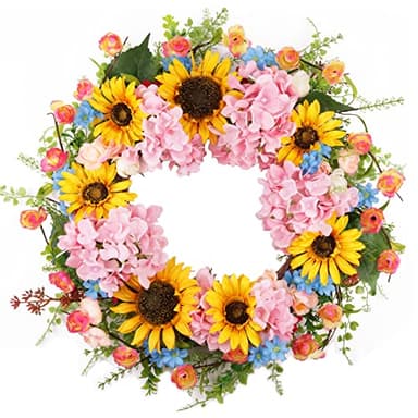 Lotus Hills 22" Spring Wreaths for Front Door, Front Door Wreath with Sunflower Pink Hydrangea Daisy Eucalyptus, Spring Summer Wreath Outdoor, Blooming Artificial Floral Decorations for Home Office - Image 1