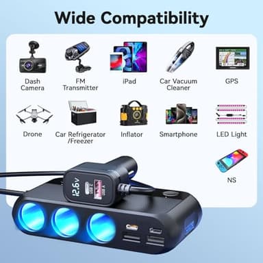 9 in 1 Cigarette Lighter Splitter: vansoet 158w 3 Socket Cigarette Lighter Adapter with Dual PD30W and QC3.0 DC Cigarette Outlet Car Charger Independent Switches, LED Voltmeter, Plug Outlet 12V/24V - Image 7