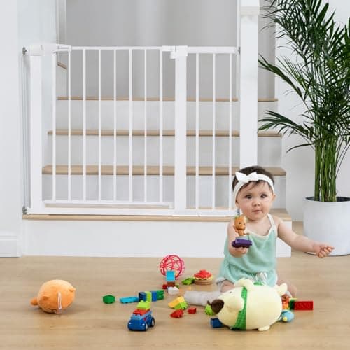 COMOMY 30" Tall Baby Gate for Stairs Doorways, Fits Openings 29.5" to 40.5" Wide, Auto Close Extra Wide Dog Gate for House, Pressure Mounted Easy Walk Through Pet Gate with Door, White - Image 1
