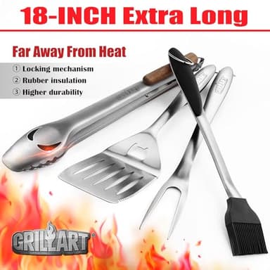 GRILLART BBQ Tools Grill Tools Set -18Inch Grilling Tools BBQ Set - Grill Accessories w/BBQ Tongs, Spatula, Fork, Brush- Stainless Grill Kit Grilling Set - Gift Ideas BBQ Accessories Gifts for Men Dad - Image 2