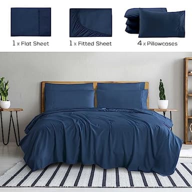 Mueller UltraTemp King Size Sheets Set – 6 Piece Premium Bedding, Silky Soft 1800 Thread Count, Cooling, Deep Pocket up to 16", Breathable Heat Transfer, Wrinkle-Resistant & Hypoallergenic, Navy - Image 2