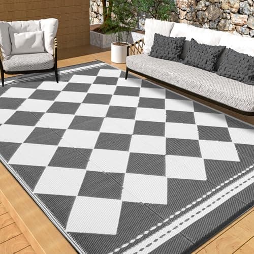 OMERAI Reversible Waterproof Outdoor Rug for Backyard,Plastic Textured Resistant Outdoors Rugs,Portable Washable Easy Cleaning Foldable Camping Beach Carpet for Patio Courtyard, 5'x8' Gray & White - Image 1