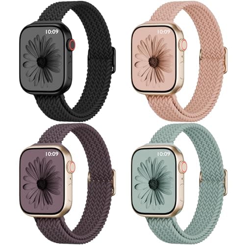4 Pack Slim Braided Stretchy Compatible with Apple Watch Band 38mm 42mm 40mm 44mm 41mm 45mm 46mm 49mm Women Men, Solo Loop Nylon Thin Strap for iWatch Series 11 10 9 8 7 SE 6 5 4 3 Ultra - Image 1
