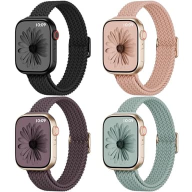 4 Pack Slim Braided Stretchy Compatible with Apple Watch Band 38mm 42mm 40mm 44mm 41mm 45mm 46mm 49mm Women Men, Solo Loop Nylon Thin Strap for iWatch Series 11 10 9 8 7 SE 6 5 4 3 Ultra - Image 1