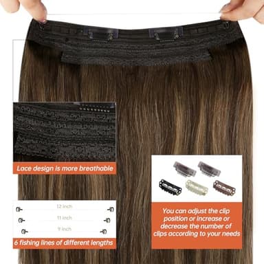 Sunny Wire Hair Extensions Real Human Hair Fish Line Human Hair Extensions Invisible Wire Extensions Dark Brown to Caramel Blonde with Dark Brown Highlights #4/27/4 18 Inch - Image 3