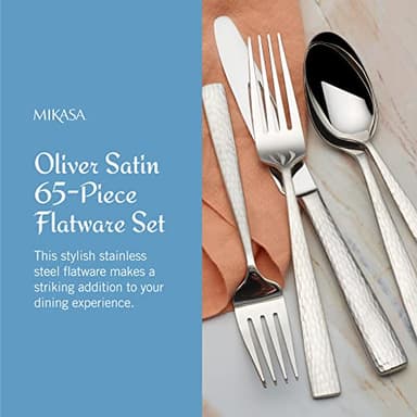 Mikasa Oliver Satin Flatware Set for 12, 65 Piece 18/10 Stainless Steel Silverware with Stylish Satin Finish and Serving Utensils, Durable Dinnerware Service - Image 2