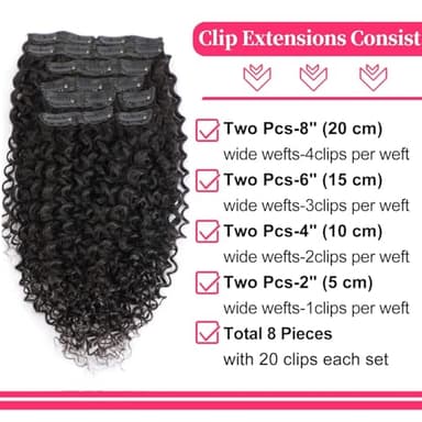 16 Inch Kinky Curly Clip ins Human Hair 110g 8pcs 20 Clips 3C 4A Curly Clip In Hair Extensions Real Human Hair Brazilian Virgin Hair Full Head for Women Natural Black - Image 3