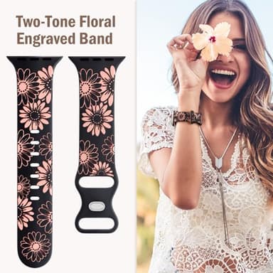 DaQin Floral Engraved Band Compatible with Apple Watch Bands for Women 40mm 41mm 42mm 44mm 45mm 46mm 38mm, Cute Two-Tone Flower Soft Silicone Sport Strap for iWatch Series 11 10 9 8 7 6 5 4 3 2 1 SE - Image 4