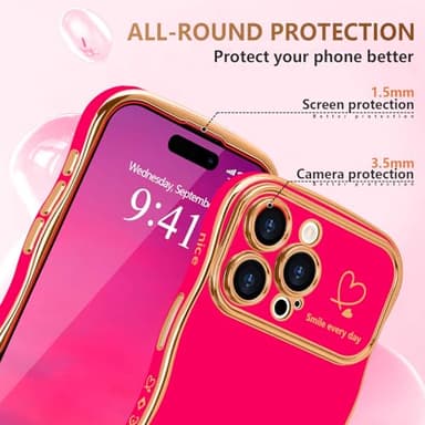 LCHULLE for iPhone 16 Pro Max Case for Women Girls, Cute Wave Frame Curly Shape with Love Heart Raised Camera Protection Cover Luxury Plating Shockproof Phone Case for iPhone 16 Pro Max, Hot Pink - Image 4
