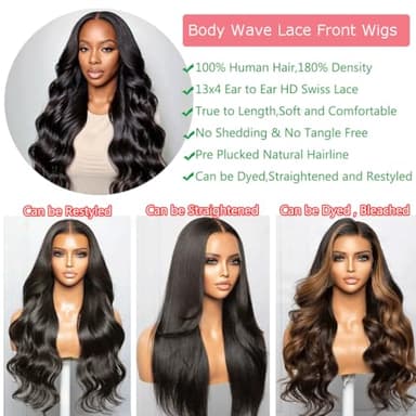 Vipeony 28 Inch Body Wave Lace Front Wigs Human Hair 13x4 HD Lace Front Wigs Human Hair Glueless Wigs Human Hair Pre Plucked Frontal Wigs Human Hair for Women 180% Density Body Wave Wig with Baby Hair - Image 3