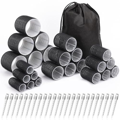 Hair Curlers Set with 24 Rollers (6 Jumbo, 6 Large, 6 Medium, 6 Small) and 24 Clips for All Hair Lengths (Black) - Image 1