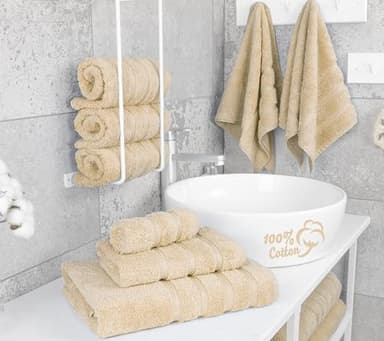 American Soft Linen Luxury 6 Piece Towel Set, 2 Bath Towels 2 Hand Towel 2 Washcloths, 600 GSM 100% Cotton Turkish Towels for Bathroom, Beige Towel Sets - Image 2