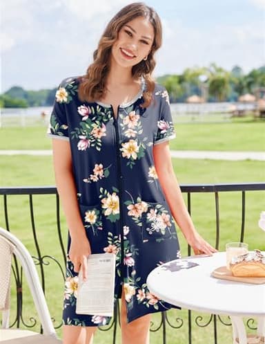 Ekouaer Zip Up Robes for Women Short Sleeves Zipper House Coat Short Bathrobes Lightweight Nightgown with Pockets S-3XL - Image 4