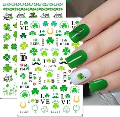 St. Patrick's Day Nail Art Stickers Green Irish Clover Nail Decals 3D Self-Adhesive Nail Art Supplies Lucky Leaves Beer Design Shamrock Stickers for Saint Patrick's Day Nail Decoration 6 Pcs - Image 2