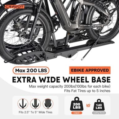 CyberRack E2 Hitch 2 EBike Rack with Ramp, 200 lbs Capacity Electric Bike Carrier Foldable Platform Mount, Up to 5-inch Fat Tire Bicycle for 2'' Receiver Cars Trucks SUVs Minivans RV, Trailer - Image 4