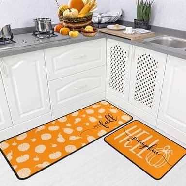 Orange Hello Pumpkin Fall Kitchen Rugs Set of 2, Autumn Harvest Pumpkin Thanksgiving Front Door Mat Floor Rug for Home Holiday Party Decor 17"x47"+17"x30" - Image 7