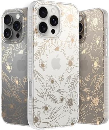 LONLI Hue Case for iPhone 16 Pro - [360° Shock-Absorbent Bumper] - [Cute and Unique Phone Cover for Girls and Women] - Gold Floral - Image 1