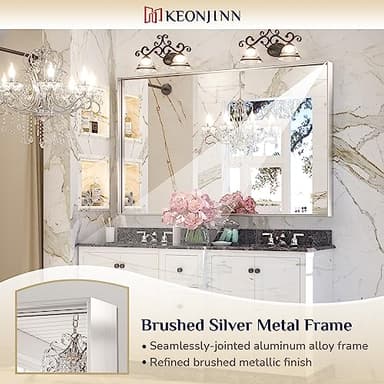 Keonjinn Brushed Silver Bathroom Vanity Mirror 48 x 30 Inch Large Rectangle Wall Mounted Mirror Square Corner Metal Framed Farmhouse Mirror Modern Rectangular Mirror for Over Sink(Horizontal/Vertical) - Image 6