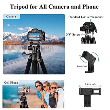 VICTIV 74” Camera Tripod, Tripod for Camera and Phone, Aluminum Professional Tripod Stand for Canon Nikon with Carry Bag and Phone Holder, Compatible with DSLR, iPhone, Spotting Scopes, Max Load 9.5Lb - Image 3